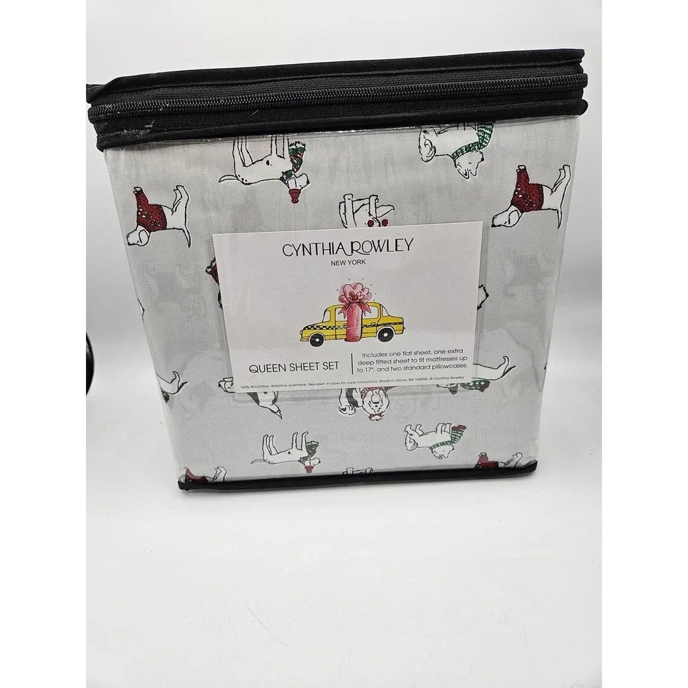 Cynthia Rowley Christmas‎ Dog QUEEN Sheet Set Holiday Winter Sweater Scarf XDeep